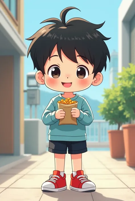  anime cartoon ,Painting,Young Boy1 ,Korean Hairstyle , with a light blue long sleeve top, black shorts , Red Sneakers ,chibi, little ,Holding a bag of snacks