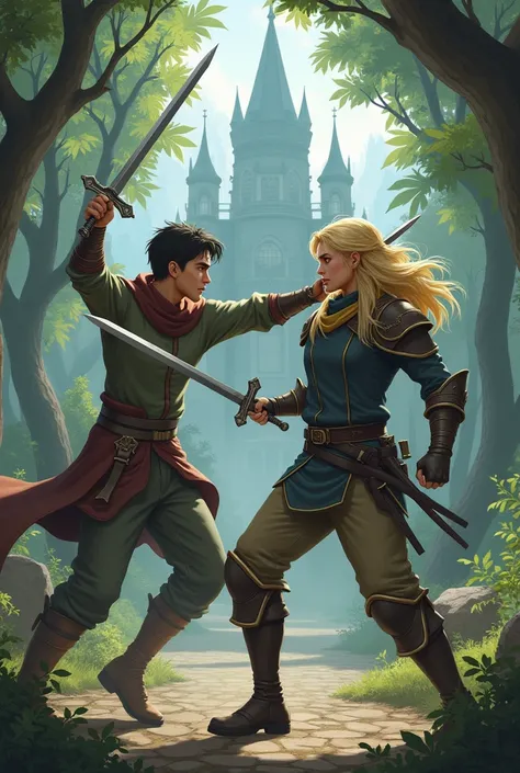  Create an image with two main characters in a combat posture . Son,  a young man with dark hair ,  is in a defensive position ,  wearing simple combat clothes and a calm face , while Zoe ,  a blond warrior with a sword ,  is in an attack posture .  The ba...