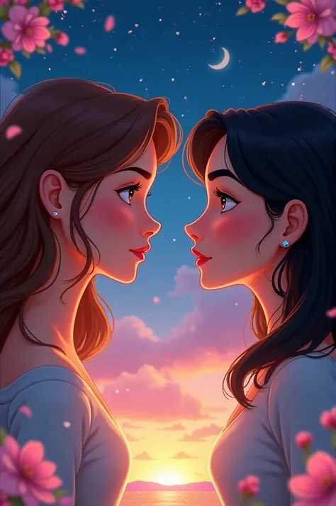  Disney poster image of a 21 year old girl with long wavy brown hair ,  thin and pretty with a 21 year old strong brunette with thick eyebrows and short black hair who like each other but are in different places, The Disney poster image  