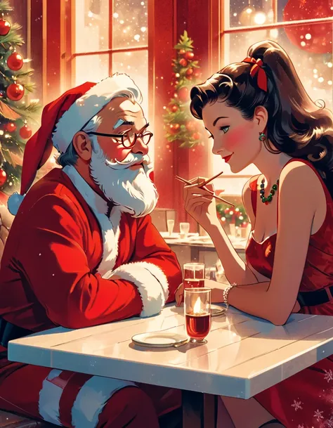 Close-up of Santa Claus and a woman sitting opposite each other at a table, intimacy, Intimate closeness, Chic colors. vector Art, Christmas Background, Stamp Art. Inspired by Jan Zrzavý art, by Robert Peak, by Leonard Long, by Paul Mavrides. Retro vibes d...