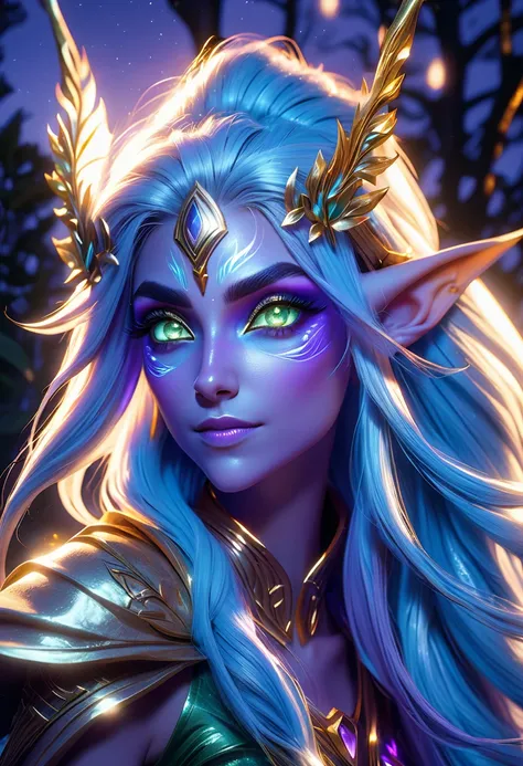 An portrait of a night elf hyperdetailed, volumetric lighting, golden hour, fairycore, deep color