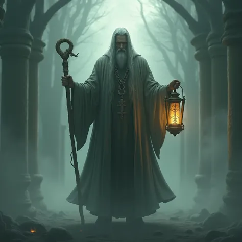  Human figure similar to Thresh from League of Legends . Kinder ,  being a priest who accompanies souls to cross to the beyond .  He wears a lantern in his hand and a cane with religious motifs in the other hand.  Around the neck he wears a necklace with a...