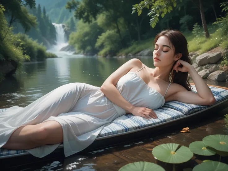 Ana of Arendel naked.  Lying on the bank of a river,  asleep with relaxed air.