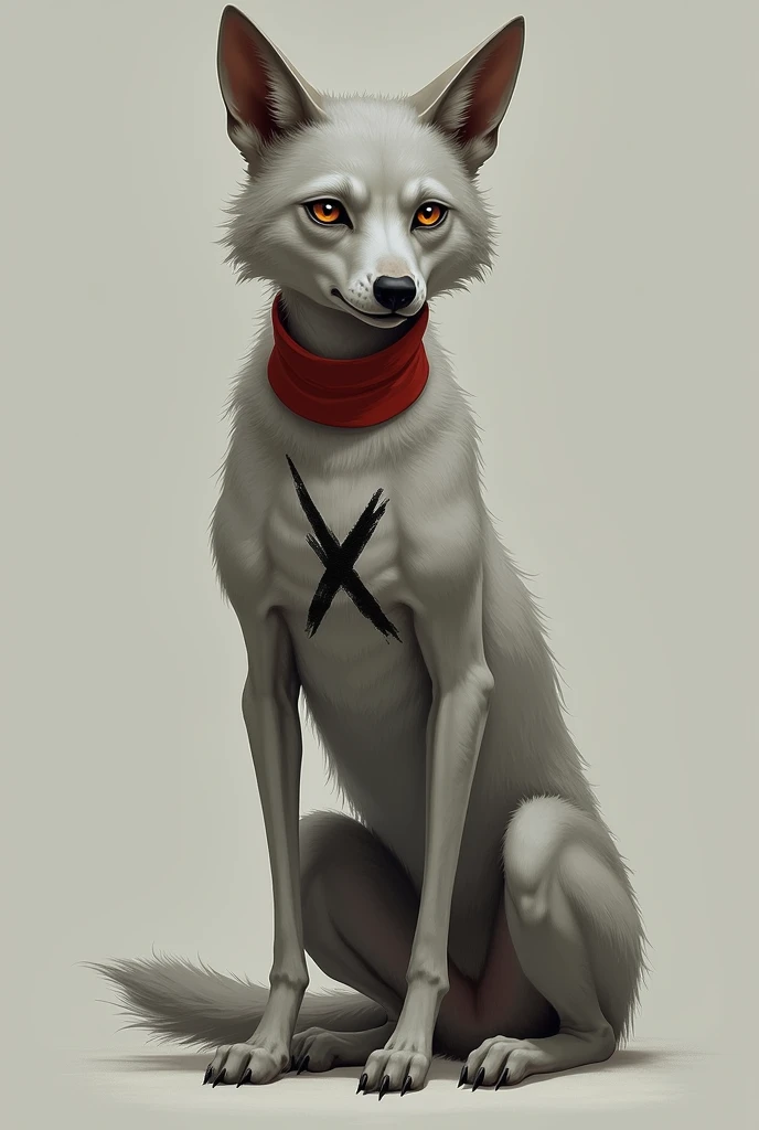 Create a humanoid gray wolf that is neither strong nor huge, he is weak and short, he wears a red collar and has an x printed on his chest and a black x-