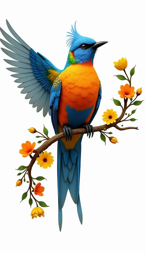 The image is a digital art piece that features a colorful bird perched on a branch. The bird is made up of different shades of blue, orange, and yellow, with intricate patterns and designs on its body and wings. It has a black beak and feet, and its wings ...