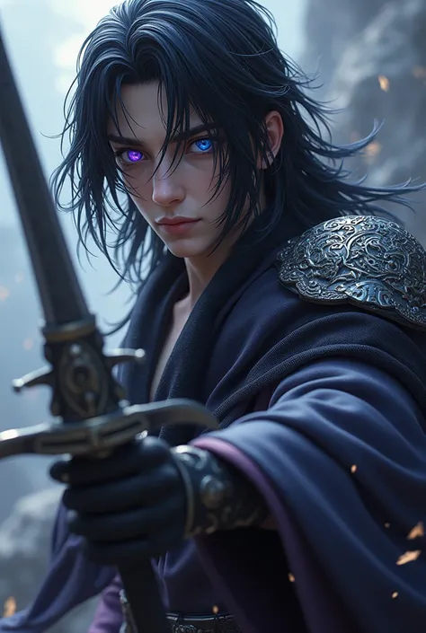 Black hair. looks great,holding a sword,man,  right eye blue , Left eye purple 