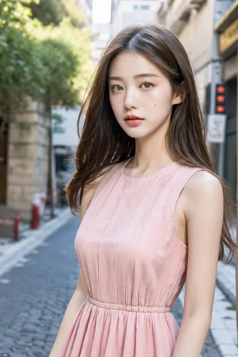 (( Best Quality ，masterpiece:1.3))，1girl，18 years old，Asian， quiet street scene， Textured Skin， high detail ，(Reality: 1.4)，( background blur:1.3)，Colourful dresses，Beautiful breasts，Slim waist， Tall and slim figure:1.2，( skin texture:1.2)，(Hot summer weat...