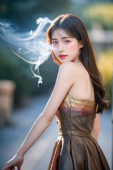 (( Best Quality ，masterpiece:1.3))，The lens is centered， Full Body Photo ，Full body shot，1girl，18 years old，Chinese， high resolution， Textured Skin， high detail ，( Realistic texture :1.6)，( neon smoke {x} surrealism:1.3)，( background blur:1.1)，Long Legs，Co...