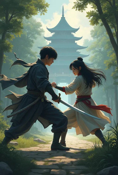  Create an image with two main characters in a combat posture . Son, a young black man with dark hair ,  is in a defensive position ,  wearing simple combat clothes and a calm face , while Zoe ,  a black-haired oriental warrior with a sword,  is in an atta...