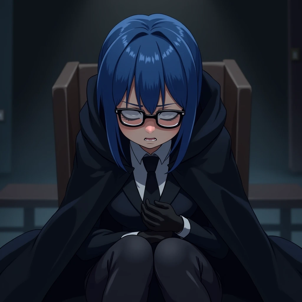 
Anime, girl blue hair black glasses white sweat black tie black suit black glove stomach ache in sit in cape