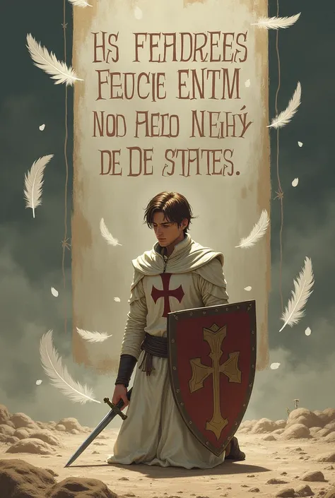 Tall thin man, brown hair I run disguised as a Teutonic warrior white tunic Teutonic cross with sword in one hand and shield in the other, Knee on the floor praying, medieval,floating feathers , giant sign that says : "With his feathers he will cover you ,...