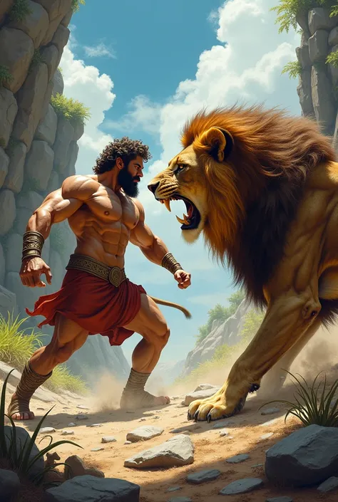 Imagine the fight between Hercules and the lion from Greek mythology at an angle from the side