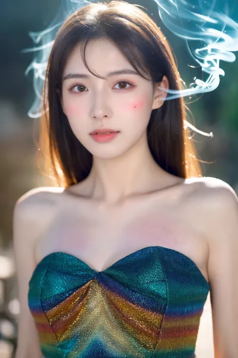 (( Best Quality ，masterpiece:1.3))，The lens is centered， Full Body Photo ，Full body shot，1girl，18 years old，Chinese， high resolution， Textured Skin， high detail ，( Realistic texture :1.6)，( neon smoke {x} surrealism:1.3)，( background blur:1.1)，Long Legs，Co...