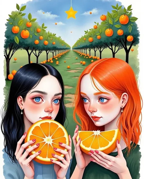                 close-up only women holding large tangerine slices, there is a beautiful garden of orange trees and apple trees ahead , Painting (medium),          ,One,    without people,       A star               (sky),              A star              ...