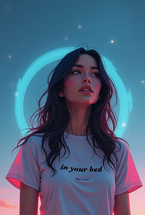 Une belle fille aux cheveux long qui ecoute de la musique portant un tee-shirt où il y est inscris "In Your Bed - Reyes Avem" dans un univers futuriste regardant le ciel. Modele comme un pochette dalbum