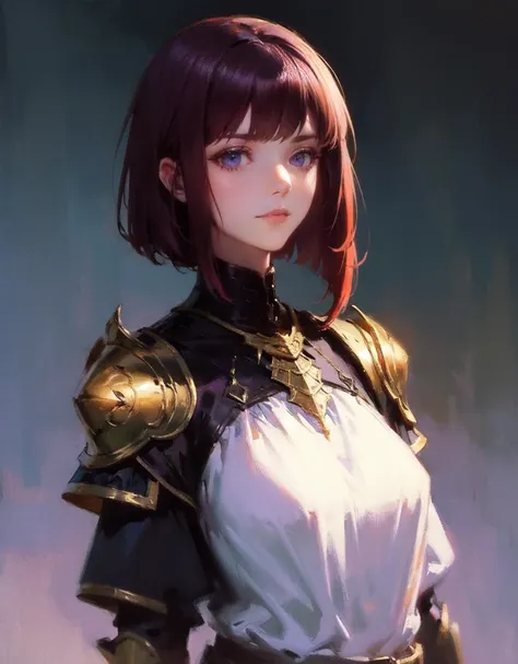 masterpiece, best quality, refined painterly anime style, rich warm colors and painterly details, warm ambient lighting, lines should be clean and delicate, shading soft and painterly, 1 woman with a short sleek bob haircut and straight delicate bangs (dar...