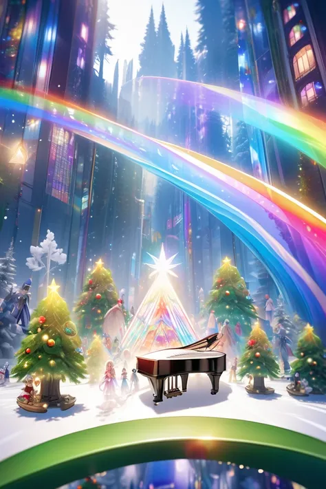  top quality, Super fine, 16k, 2.5D,  Delicate and Dynamic Depiction ,up, Christmas, long hair,Play sacred sounds on the piano with beautiful game characters,  Transparent, translucent, and rainbow-colored barriers break , Game Production Effects , A myste...