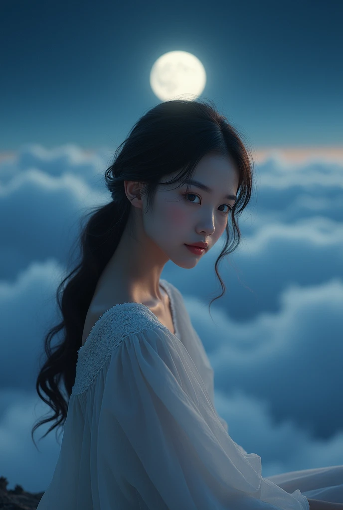  Beautiful Asian woman posing gracefully and attractively ,intimate, sits sideways while glancing at the camera with a soft smile , above the clouds at night with the light of the full moon,adds to the beauty of a quiet night ,ultra HD realistic 