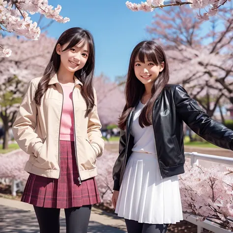 Two young beautiful smiling Japanese sisters in skirts, leggings and jackets, posing under Cherry blossoms.