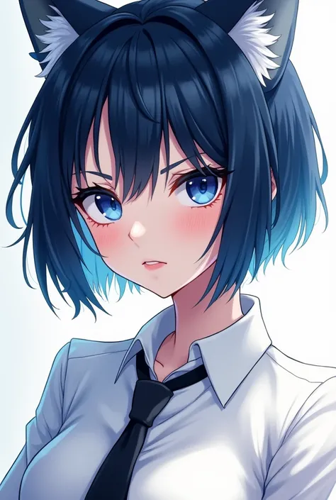 A woman with dark blue hair, dark blue eyes, wolf cut hair, fair skin, wearing a white shirt and tie, white bangs highlights, anime style.