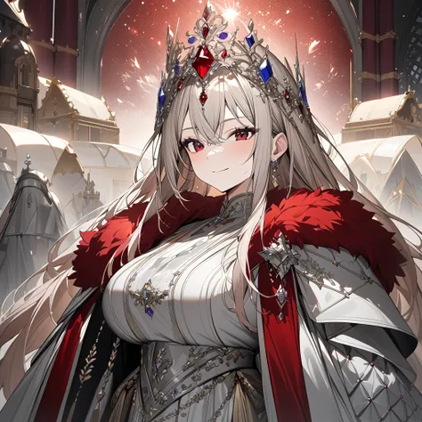  woman wearing heavy silver armor ,  Big Breasts ,  long red fur cloak ,  wearing a crown on her head ,  sapphire and ruby crown , Blonde,  long hair,  red eyes, smile,   silver Hanfu with a silver vortex in the background , Outside of the castle ,  surrou...