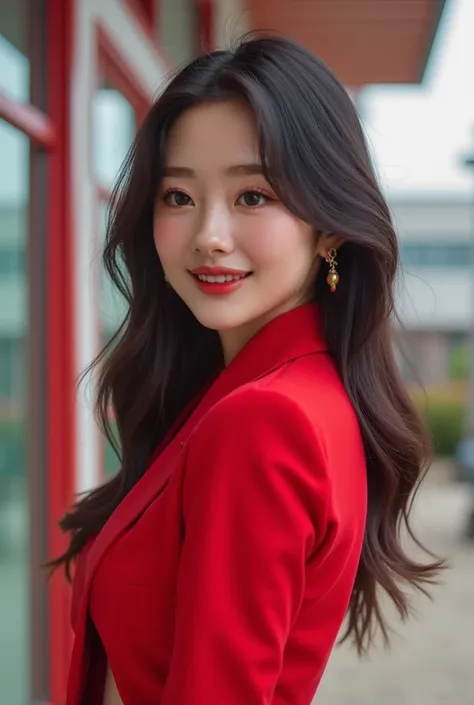 a close up of a korean girl standing in front of a building, ((full body)),a picture inspired by Kim Jeong-hui, instagram, video art, ruan cute vtuber, wearing a red outfit, tzuyu from twice, wearing red clothes, with a red skirt, tiktok video, low quality...