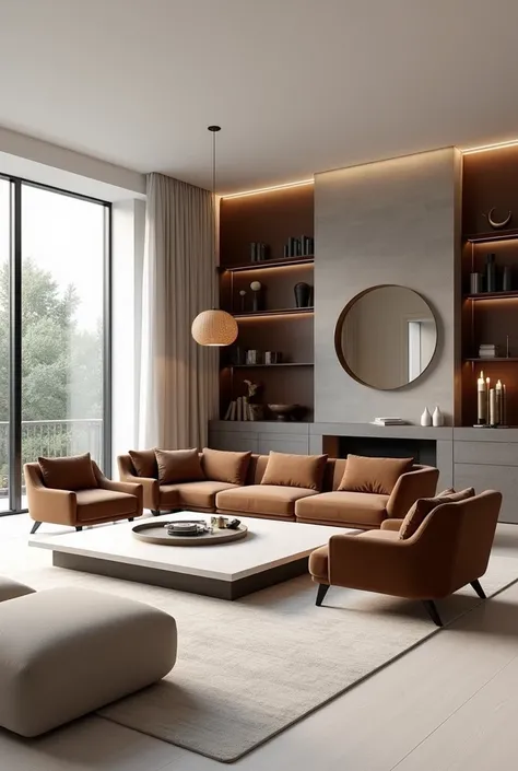 Professional 3d architecture  perspective rendering design of modern and minimal  and high tech design for  elegant living room with  elegant velvet dark brown love sofa and  dark love artichoke sofa and  elegant rectangular  white cream  stone surface and...