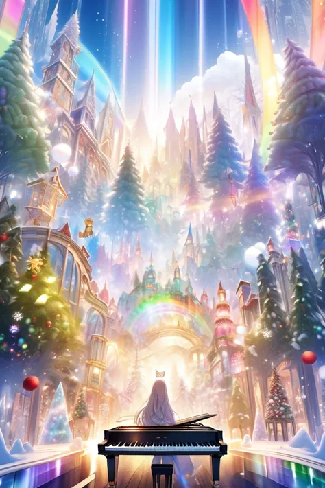  top quality, Super fine, 16k, 2.5D,  Delicate and Dynamic Depiction ,up, Christmas, long hair,Play sacred sounds on the piano with beautiful game characters,  Transparent, translucent, and rainbow-colored barriers break , Game Production Effects , A myste...