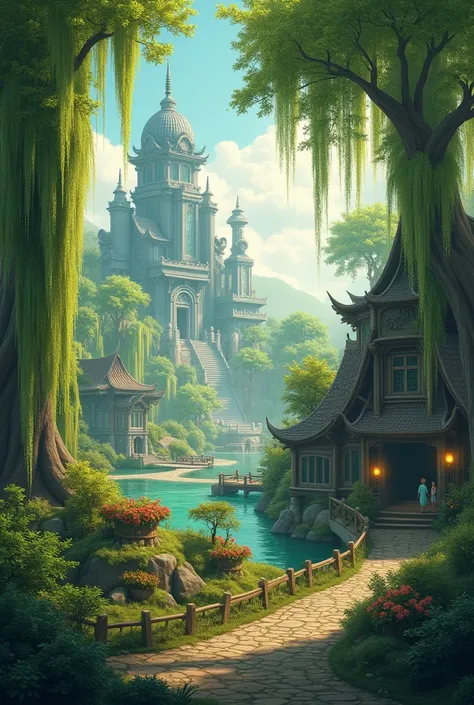 Create a fantasy forest landscape with weeping willows and a large temple and a village 