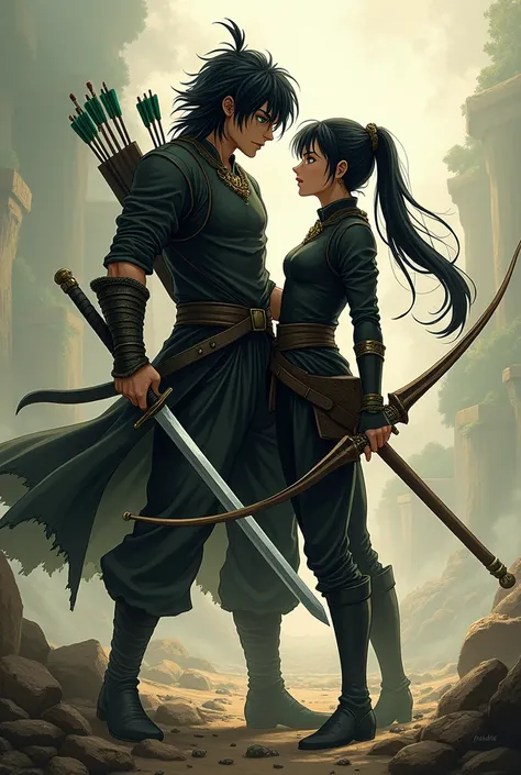 Picture of a black-haired man who doesnt tie his hair or anything,who doesnt have a beard but who is very manly and handsome and very tall ,  with green eyes with a sword in his hand and a pretty girl with blue eyes ,with long black hair that wears in a ta...