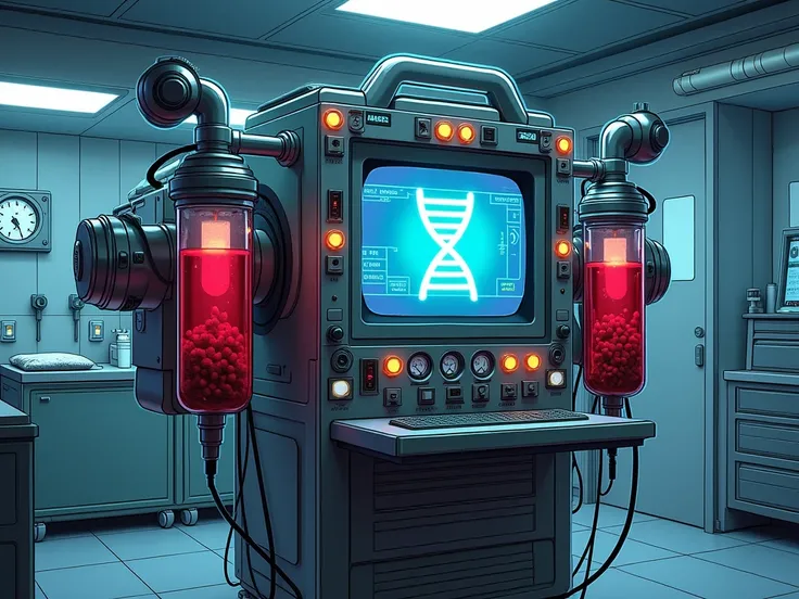 Large sci-fi medical device. Covered in blinking lights, gauges, and computer screen. Canisters of red fluid connected to the device. DNA symbol displayed on screen. Comic style. Digital art. In a sci-fi hospital.