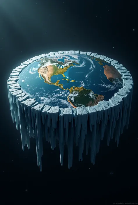 A flat earth in space surrounded by a thin big ice wall on the edges. The wall will above the edges. 