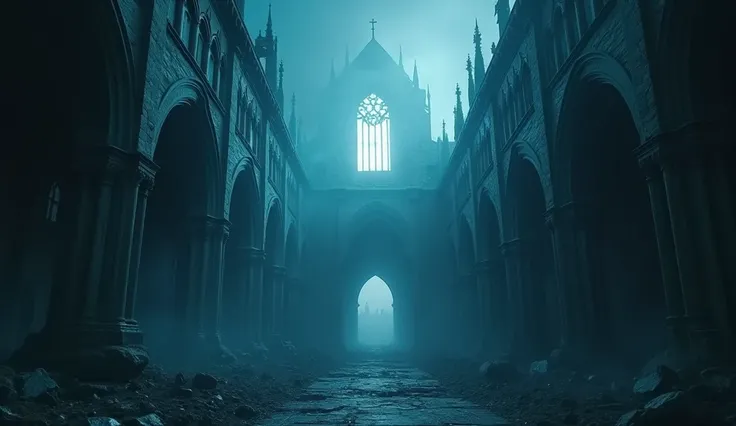 inside of gothic church,  The church begins to crumble  spires cracked and partially collapsing.  a sinister glow emanates from within the church.  The atmosphere is charged with dread, accentuated by swirling fog and the soundless, inevitable approach of ...