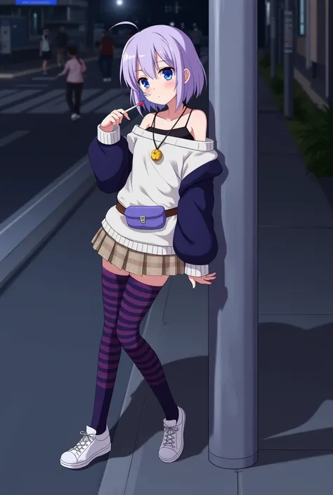 Mizore Shirayuki Short light purple hair blue eyes that has a bit of purple at the top (her pupils are not black, but they are blue) and she is always seen with a lollipop in her mouth that helps maintain her body temperature. wear a light brown pleated ch...