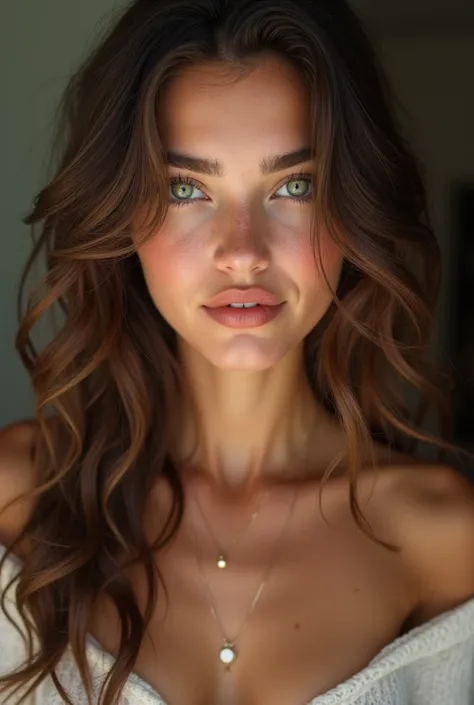 Skinny woman with a slender body .  18-year-old brown appearance with long curly hair.  green eyes, big pink mouth.  Charming smile and striking look  