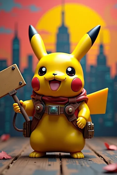 There is Pikachu from Steampunk,  extremely detailed, Adorable, Cute,  bright color, Warm lighting, photo realistic , 8k,  high definition , masterpiece,  Dynamic Poses ,   The background is a pop t-shirt with New York 、 ( top quality, 4K, 8k,  high defini...