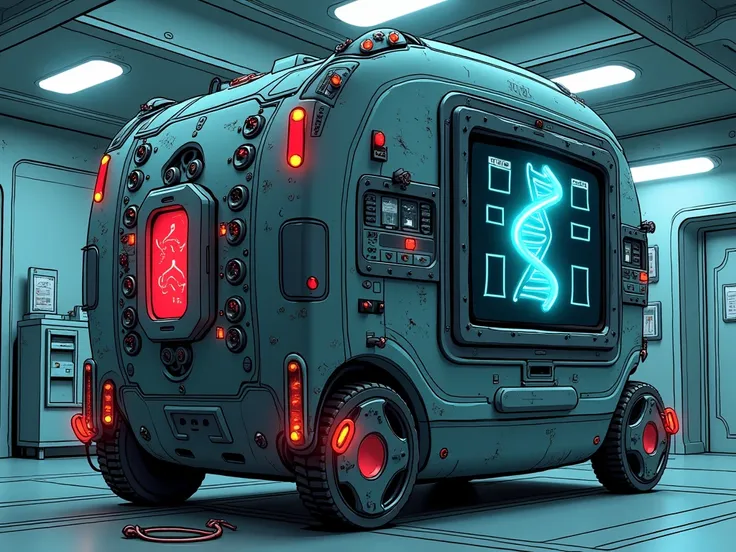 Large sci-fi medical device. Covered in blinking lights, gauges, and computer screen. Canisters of red fluid connected to the device. DNA symbol displayed on screen. Comic style. Digital art. In a sci-fi hospital.