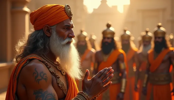 A Very Clear 4K Ultra HD Dynamic Image Of "The sage, with a faint divine glow around him, speaks with a serene expression, emphasizing his words with a raised hand. King Vikramaditya, his soldiers, and generals listen attentively. The sages humble yet powe...