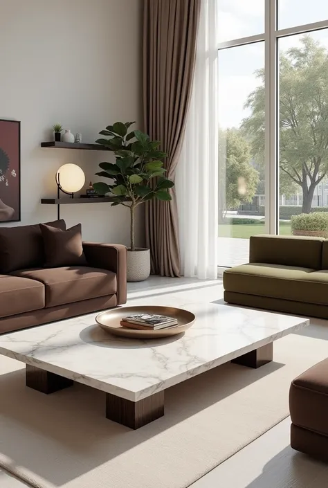 Professional 3d architecture  perspective rendering design of modern and minimal  and high tech design for  elegant living room with  elegant velvet dark brown love sofa and  dark love artichoke sofa and  elegant rectangular  white cream  stone surface and...