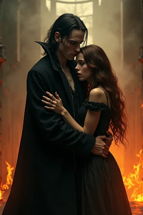 U

A black-haired vampire hugging a brown-haired girl, on fire background
