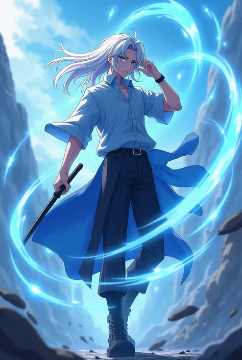 Anime Male Hair White Eyes Blue Shirt Black Pants Black Shoes Black Sword Holding Aura Blue Afternoon Atmosphere