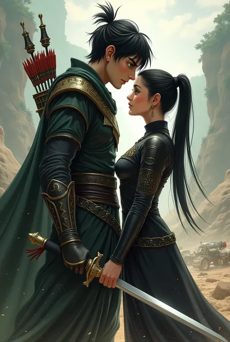 Picture of a black-haired man who doesnt tie his hair or anything,who doesnt have a beard but who is very manly and handsome and very tall ,  with green eyes with a sword in his hand and a pretty girl with blue eyes ,with long black hair that wears in a ta...