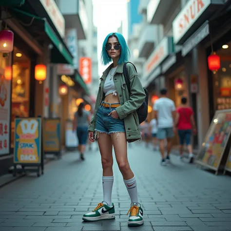 blue hair。Best Anamorphic Lens Photography。Women with freckles。Shopping street in the background。background is blurry。fashionable。I&#39;m wearing Air Force Nike sneakers.。Standing and showing the whole body。Shuttered streets。I&#39;m wearing high socks。She ...