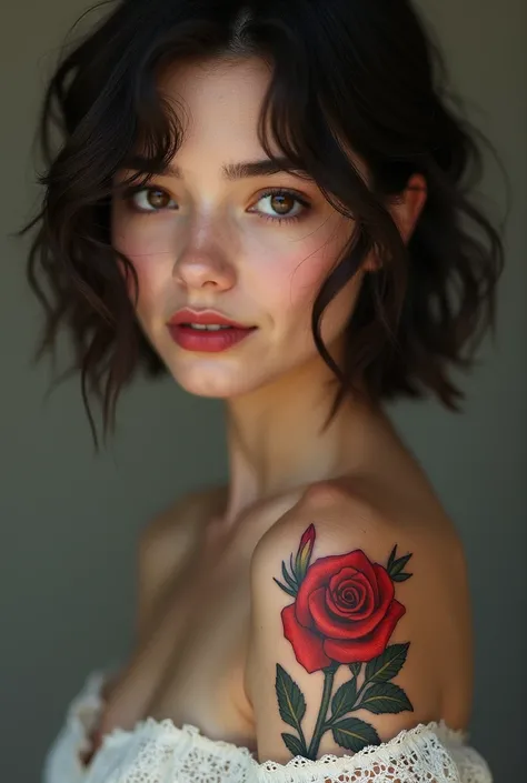 Pretty brunette woman with short hair tattooed with a red rose on her right arm 