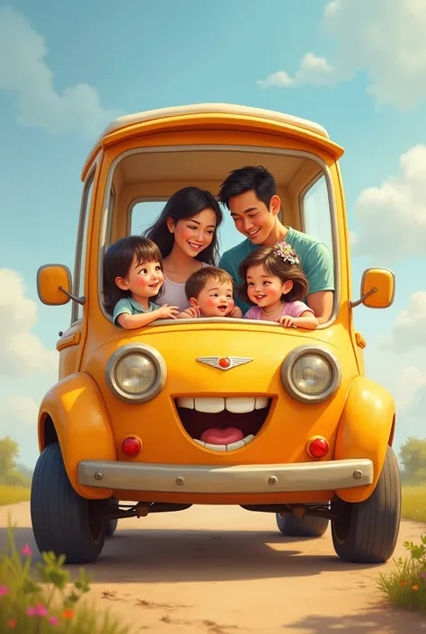 Photo of mother father and two young daughters with  and baby in a cartoon car