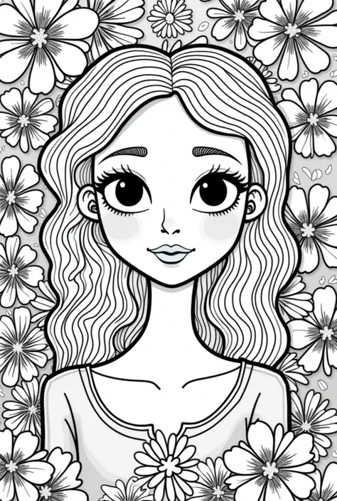 Give me a cute and fantastic lady coloring book pages flowers background no color no grayscale no shadow high details but the design is simple and bold