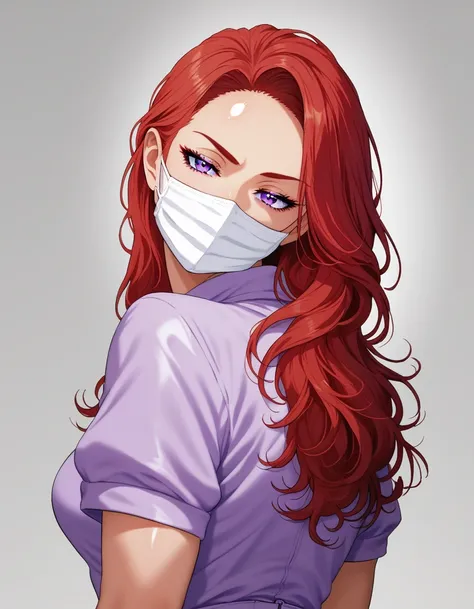 1girl, long hair,red hair,2D, cell shading, anime style, video game art, sharp lines, vibrant colors, retro style,RUKIA Style, from behind,shiny skin, medical face mask, purple nurse clothes, tight clothes,looking back,muture woman, face close up,half clos...