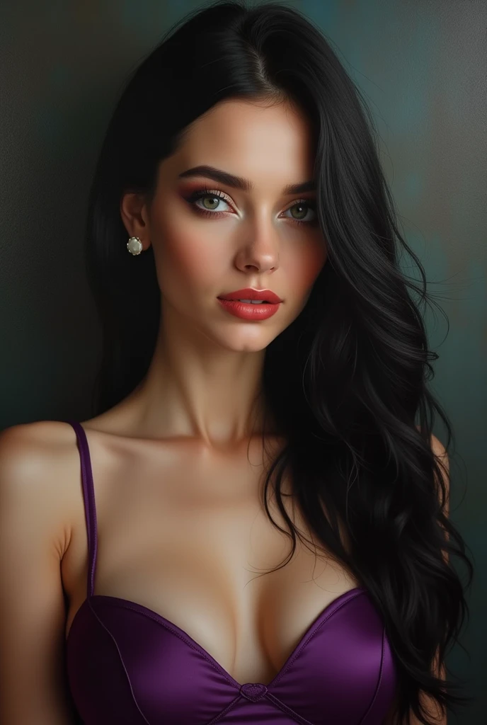  hyperrealistic oil painting. 19 year old woman,  extremely beautiful Canadian UNREAL with marked and extra thin features ( Marked cheekbones ),  thin nose thin small extra small , extra thin skin, white as snow. She has long straight jet-black hair ,  MER...