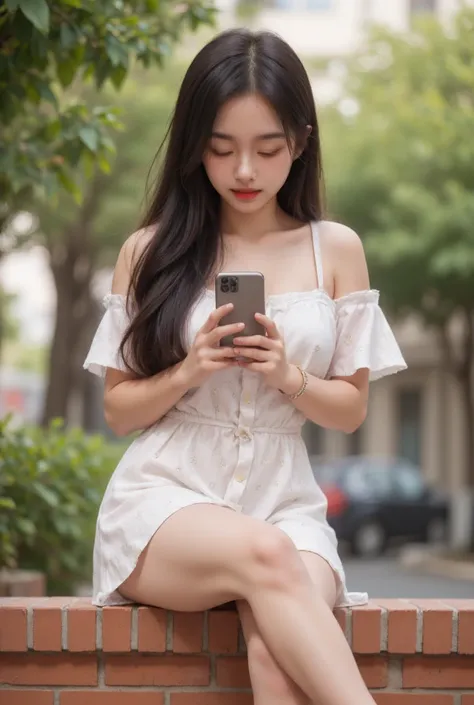 The 4K professional photo is beautiful and smooth, with soft and pleasing colors. A 20-year-old Thai woman sits in the center of the frame on a brick wall. She is looking down at her iPhone 16 Pro Max smartphone in both hands. She is wearing a tight, short...