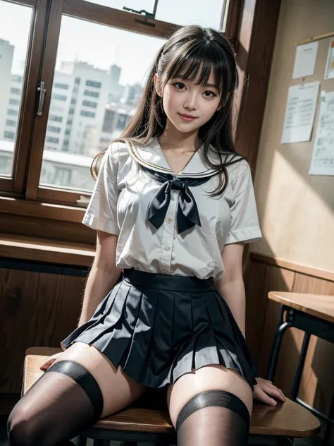 beautiful japanese schoolgirl, sailor uniform and pleated skirt, black tights, smile, spread legs, classroom, sit at desk, NSFW, from below, ultra-detailed, hyper detailed, realistic lighting, intricate details, natural expression, beautiful eyes, beautifu...